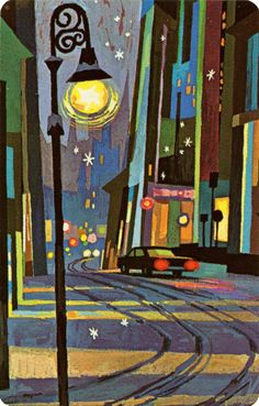 a painting of a city street at night