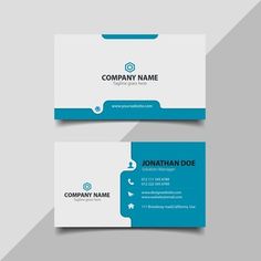 two sided business card with blue and white accents on the front, side and back