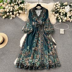 Lasaky - Elegant Long Dress with Waist Tie and Floral Print Long Fall Dresses, Retro Skirt, Mid Skirt, Princess Sleeves, Cotton Long Dress, Elegant Dresses Long, Retro Chic, Printed Dress, Early Spring