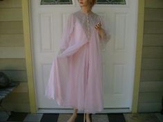 VTG INTIME OF CALIFORNIA PEIGNOIR GOWN PINK CHIFFON NYLON BEIGE LACE SET SZ:M | eBay Pink Lace Trim Nightgown For Loungewear, Pink Long Sleeve Nightgown, Pink Lace Nightgown With Delicate Details, Pink V-neck Nightgown With Lace Trim, Sheer Robe, Vintage Sheer Pink Nightgown, Lace Set, Sleepwear Robe, Night Gown