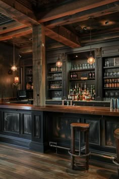 an old fashioned bar with wooden floors and dark wood cabinets, along with stools