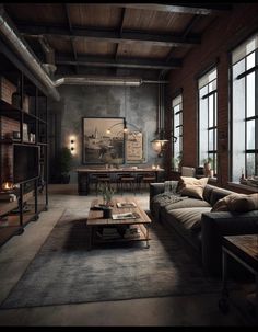 a living room filled with lots of furniture next to large windows on the side of a wall