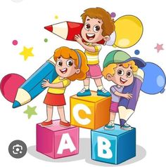 three children standing on blocks with letters and pencils around them that spell out abc