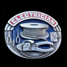 an electrician emblem on a black background with wires, tools and other items around it