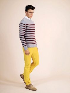 A.P.C. Pre-Spring-Summer 2013 lookbook Yellow Pants Outfit, Hipster Jeans, Yellow Jeans, Mens Fashion Editorial, Gq Style, Yellow Pants, Mens Spring, Striped Sweater