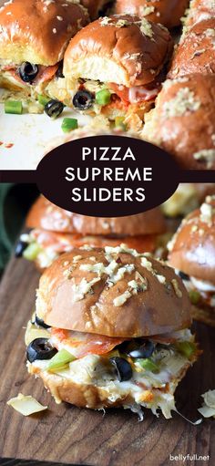 pizza supreme sliders are stacked on top of each other and ready to be eaten