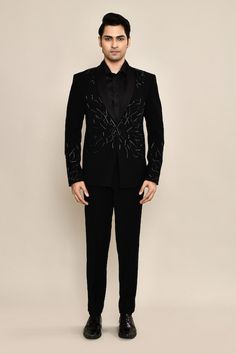 Black tuxedo with cutdana embroidery in abstract pattern. Paired with trouser. - Aza Fashions Embroidered Tuxedo, Cutdana Embroidery, Black Tuxedo, Shawl Collar, Aza Fashion, Full Sleeve, Abstract Pattern, Types Of Sleeves, Trousers