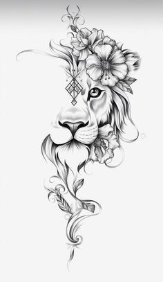 a black and white drawing of a lion with flowers on its head