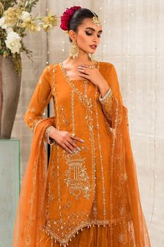 Opulent Rust Orange Pakistani Party Dress: Heavily Embellished Kameez Sharara Net Dupatta, Organza Fabric, Grid Design, Thread Embroidery, Rust Orange, Fancy Dresses, Party Dresses, Embellishments, Rust