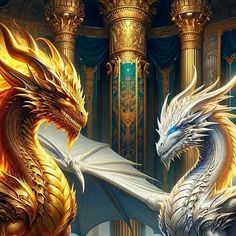 two golden and white dragon facing each other in front of an ornate room with columns