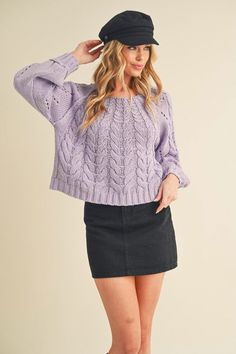 Tally Sweater - Ro + Ivy Trendy Pointelle Knit Cropped Sweater For Fall, Chic Relaxed Fit Cable Knit Sweater, Chic Cropped Cable Knit Sweater With Crew Neck, Chic Cable Knit Crew Neck Cropped Sweater, Trendy Cable Knit Sweater For Spring, Oversized Cable Knit Cropped Sweater, Cozy Cable Knit Cropped Sweater For Spring, Spring Cable Knit Cropped Sweater, Oversized Casual Cable Knit Cropped Sweater