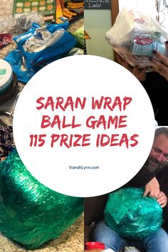 a man sitting on the floor with some balls in front of him and text overlay that reads sarn wrap ball game 15 prize ideas