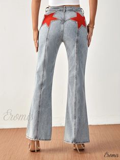 Eromis - Womens High Waist Light Blue Flared Jeans with Star Print, Wide Legs, and Bell Bottom Design - Premium Denim Pants and Apparel Light Blue Flared Jeans, Jeans With Star, Blue Flared Jeans, Bottom Design, Bell Bottom, Wide Legs, Flared Jeans, Premium Denim, Star Print