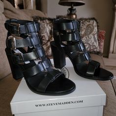 4inch Heel Approximately Size 8 Black Ankle-high Sandals With Reinforced Heel, Black Ankle-high Sandals With Buckle Closure, Black Open Toe Sandals For Fall, Black Sandals With Buckle Closure For Fall, Black Sandals With Stacked Heel For Fall, Black Buckle Closure Sandals For Fall, Black Ankle-high Sandals With Padded Heel, Steve Madden Black Heels, Steve Madden High Heels