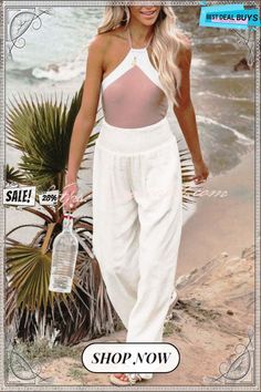 Fresh Air Pocketed Smocked Pants High Waist Harem Pants For Summer Vacation, Stretch Harem Pants For Summer, White Casual Harem Pants For Beach, Casual High-waisted Harem Pants For Beach, White High Waist Harem Pants For Vacation, High-waisted Harem Pants For Beach In Spring, Chic High Waist Harem Pants For Beach, Chic Beach Harem Trousers, Chic High-waist Harem Pants For Beach