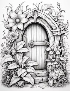 a drawing of an open door surrounded by flowers and leaves, in the middle of a white