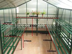 the inside of a greenhouse with measurements for each type of plants and flowers in it