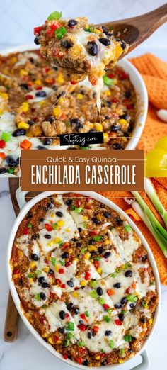 an enchilada casserole is being lifted with a spoon