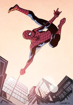 spider - man flying through the air with buildings in the background