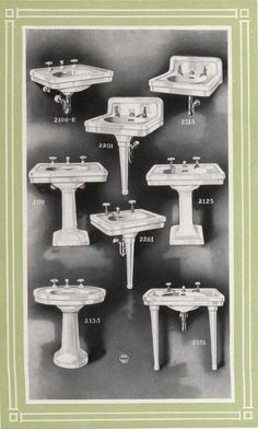 an old advertisement showing different types of bathroom sinks and pedestals in various styles, from the early 1900's to 1950's