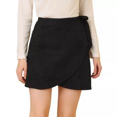 Allegra K Women's Faux Suede Tie Waisted A-line Wrap Mini Short Skirt : Target Style A Skirt, Black Wrap Skirt, Short Wrap Skirt, Feminine Casual, Faux Suede Skirt, Retro Skirt, Faux Suede Fabric, Houndstooth Dress, Suede Skirt