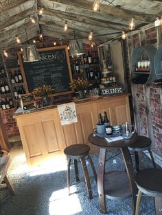 the inside of a restaurant with tables and stools