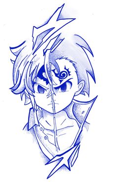 a drawing of an anime character with blue eyes and lightnings on his head,