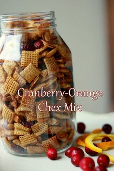 cranberry orange chex mix in a glass jar