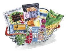 a shopping basket full of food and drinks is shown in this hand - drawn illustration