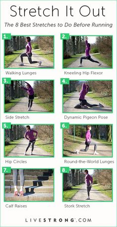 a series of photos showing how to do stretching exercises for the legs and hips, with text overlay that says stretch it out