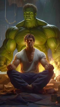 a man sitting on the ground in front of a giant hulk