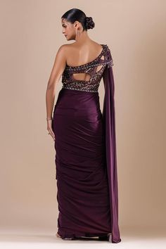 Burgundy lycra and net draped saree gown with Swarovski, crystals, cutdana and sequins hand embroidery. - Aza Fashions Draped Saree Gown, Draped Saree, Gown For Women, Saree Gown, Drape Saree, Gown Pattern, Embroidered Bodice, Aza Fashion, Hand Embroidery