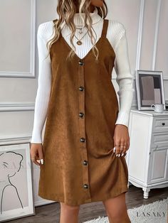 Lasaky - Chic Corduroy Button-Adorned Tank Dress - Sophisticated V-Neck Sleeveless Dress, Womens Fashion Mom Fits, 60th Bday, Cozy Fall Outfits, Sophisticated Dress, Fit Check, Business Outfits, Cozy Fall, Type A, Chest Pad