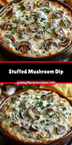 two different views of stuffed mushrooms dip