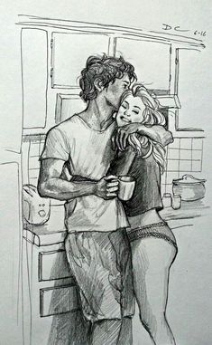 a drawing of two people kissing in the kitchen