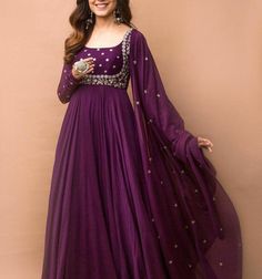 ✨ Anarkali  This beautiful elegant purple Anaarkali has beautiful zari and sequin hand embroidery over the top and sleeves. It has a beautiful chudidaar sleeves.  ✨BOTTOM It has straight chudidaar pant ✨DUPATTA Dupatta has beautiful motifs detailing.  ✨This stylish elegant anarkali dress is best for wedding,festival and  formal event. ✨This dress can be customise in any other colour and in all size, please contact us regarding any changes if you want.We will make this dress as per your choice. ✨We use high quality fabric and threads for embroidery.You won't face any problem in future regarding fading of colour or anything. You can use this outfit for many years.  ✨ Our dresses take little longer time, we take care of every minute details while manufacturing, so that our customers get full अनारकली सूट, Orang India, Anarkali Designs, डिजाइनर कपड़े, Designer Anarkali Dresses, Long Gown Design, Anarkali Dress Pattern, Gaun Fashion, Long Gown Dress