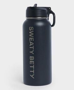 a black water bottle with the words sweatly on it