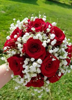 a person holding a bouquet of red roses and white baby's breath in their hand