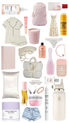 the contents of a woman's purse are arranged on a white background with pink accents