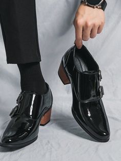 British Style Men's Formal High-Heeled Leather Shoes Black     Plain    Men Shoes, size features are:Bust: ,Length: ,Sleeve Length: Formal Accessories Men, Dress Shoes Drawing Reference, Fancy Male Shoes, Men’s Heels, Fancy Shoes Men, Mens High Heels, Nikola Orsinov, Men Heels, Shoe Reference