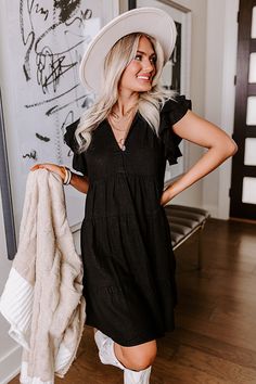 - Go for main character vibes with this sweet dress! - Unlined material - A collared v-cut neckline - Short flutter sleeves - A relaxed silhouette that ends in a straight mini dress length hemlines Measurements S : Bust 38", Hip 42", Length 33.5", Sleeve Length 4", Waist 36". M : Bust 40", Hip 44", Length 34.5", Sleeve Length 4", Waist 38". L : Bust 42", Hip 46", Length 35", Sleeve Length 4", Waist 40". Trendy Black Dress With Ruffles, Trendy Black Ruffled Dress, Black Mini Dress With Flutter Sleeves For Spring, Black Flutter Sleeve Mini Dress For Spring, Chic Black Mini Dress With Flutter Sleeves, Main Character Vibes, Black Flowy V-neck Mini Dress, Black Bohemian Knee-length Mini Dress, Black V-neck Sundress Mini Dress