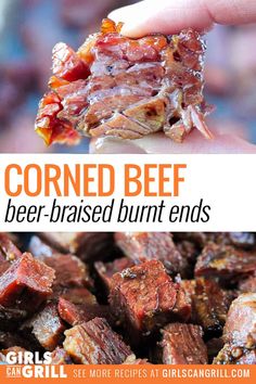 a hand holding up a piece of corned beef with the words corned beef burnt ends