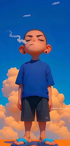 a boy standing on top of a skateboard in front of clouds