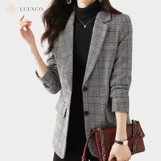 Luexco Women's Blazer British Plaid Sports Coat Gray Winter Business Blazer, Long Sleeve Blazer For Business Meetings, Long Sleeve Office Style Blazer For Business Meetings, Office Lady Long Sleeve Blazer For Business Meetings, Fall Blazer For Business Meetings, Tailored Blazer For Business Meetings, Fall Office Lady Blazer For Business Meetings, Tailored Winter Blazer For Office, Fall Business Blazer For Office Lady