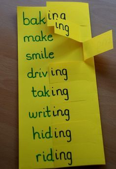 a yellow piece of paper with writing on it that says, bake in a making smile driving taking writing hiding riding