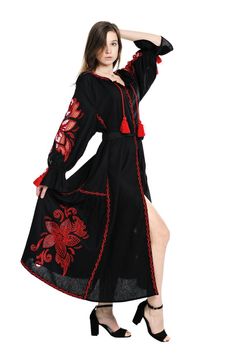 Hand cutwork embroidered maxi linen dress "Wonderflower" black, kaftan dress, red embroidery, best g Black Folk Embroidered Summer Dress, Black Folk Style Summer Dress, Black Folk Style Beach Dress, Black Floral Embroidered Beach Maxi Dress, Black Embroidered Maxi Dress For Spring, Black Long Sleeve Embroidered Beach Dress, Black Folk Dress For Spring, Black Floor-length Maxi Dress For Festival, Black Long Festival Dress