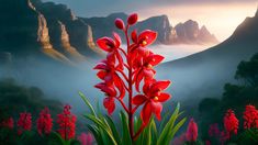 red flowers in the foreground with mountains and clouds in the background