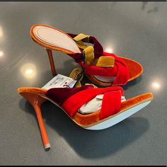 New Zara Heel Sandals Suede Open Toe Sandals For Party, Orange Evening Sandals For Summer, Trendy Suede Sandals For Evening, Orange Closed Toe Evening Sandals, Orange Open Toe Evening Sandals, Evening Closed Toe Orange Sandals, Chic Red Mules For Party, Chic Red Party Mules, Orange Open Toe Sandals For Party