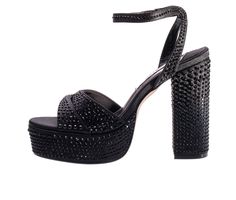 Man Made Textile Rhinestone covered upper, Ankle strap with adjustable buckle closure for secure fit, Elastic stretch bit on rear ankle strap for easy entry, Round open toe,4.5\ rhinestone wrapped block heel / platform, Lightly padded insole for added comfort, Man Made outsole | Women's Lady Couture Doll Platform Dress Sandals in Black Size 6 Crystal Embellished Open Heel Sandals For Night Out, Synthetic Sandals With Rhinestones For Evening, Crystal Embellished Open Toe Sandals For Night Out, Black Ankle Strap Sandals With Rhinestones, Evening Sandals With Embellished Adjustable Straps, Synthetic Sandals With Rhinestones And Ankle Strap, Synthetic Ankle Strap Sandals With Rhinestones, Embellished Adjustable Sandals For Evening, Adjustable Embellished Sandals For Evening