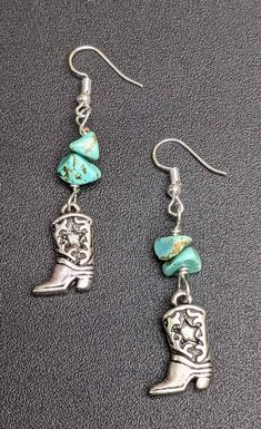 Earrings.  Fun and funky  fierce and fabulous.Earrings. Fierce and fabulous fun and funk Cowboy boots with turquoice nuggets. 2 inches long. Boot Jewelry Diy Ideas, Caw Girl, Ojo Bracelets, Rodeo Jewelry, Jewelry Designing, Cowgirl Jewelry, Handmade Jewelry Tutorials, Boot Jewelry, Earring Ideas